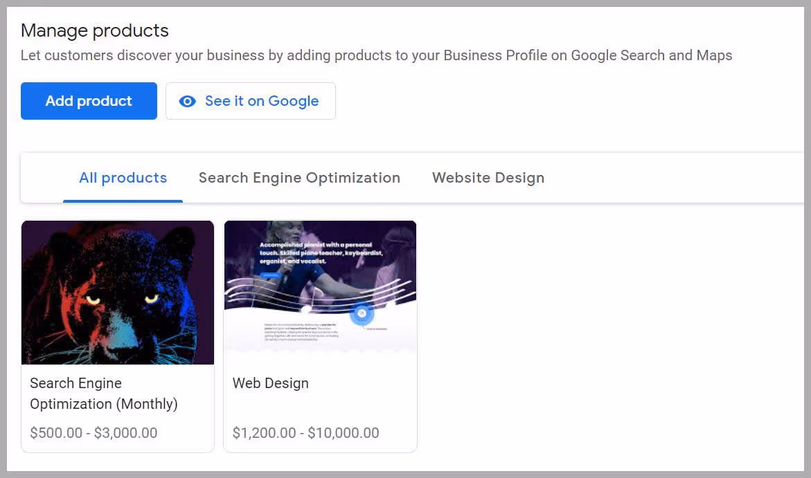 Google My Business Products Example