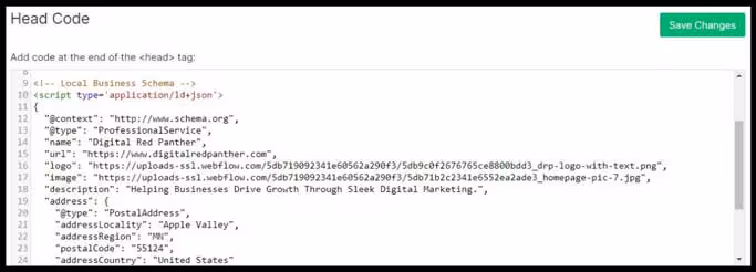 Add schema markup to head tag of Webflow Custom Code