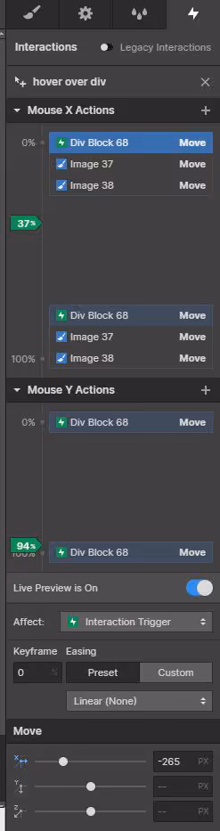 Webflow mouse move over element interaction settings