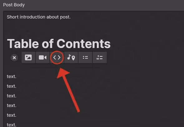 add embed code under table of contents section