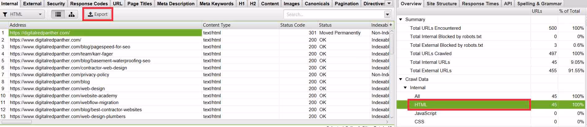 Export URLs in Screaming Frog